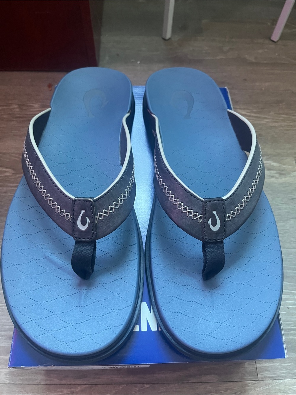 OluKai x Shoreline Deep Water/Blue Fog Leather Flip Flops Mens US 12.